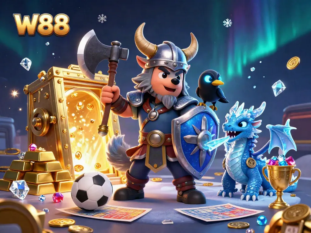 Experience W88's thrilling sports betting adventure with a dynamic Viking wolf warrior and treasure.
