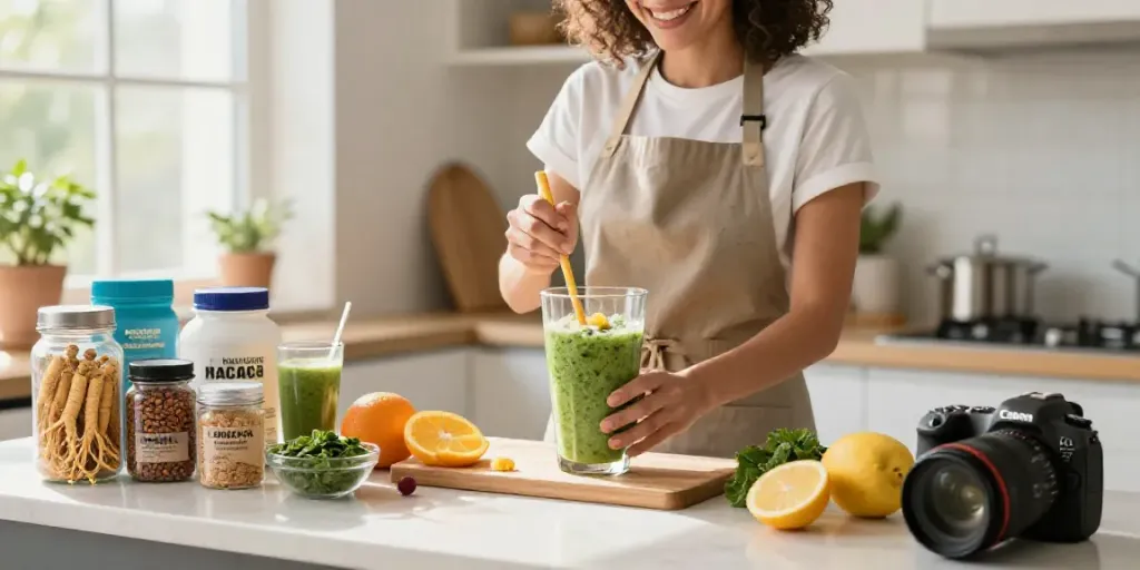 Préparation d'un smoothie de santé avec des compléments naturels sur naturaforce.com