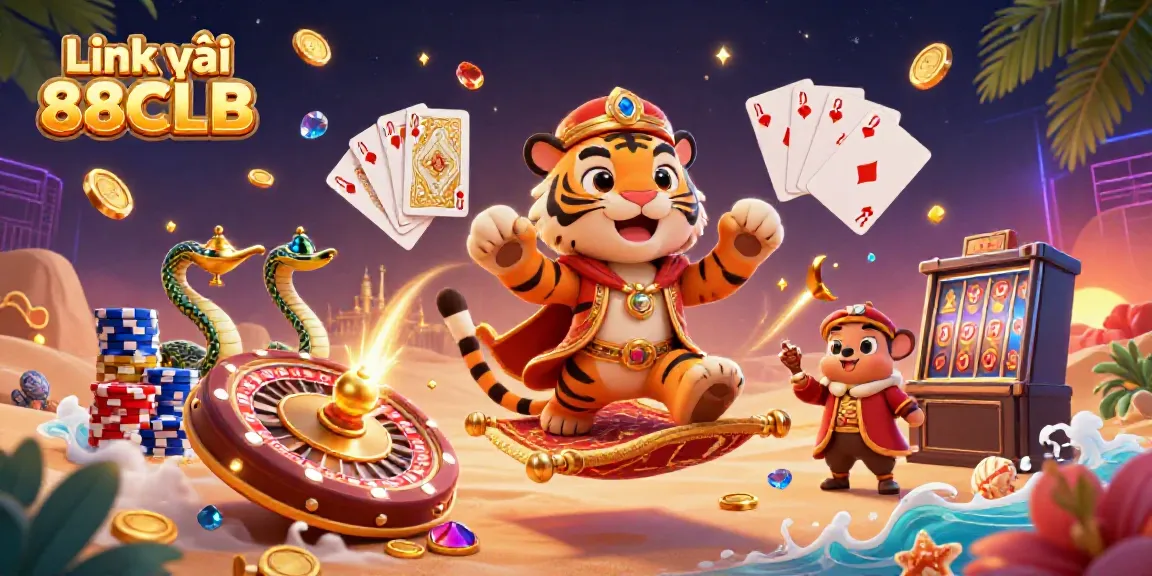 Experience thrilling gaming at Link vào 88CLB, where a tiger sultan and genie guide players through a vibrant casino world.