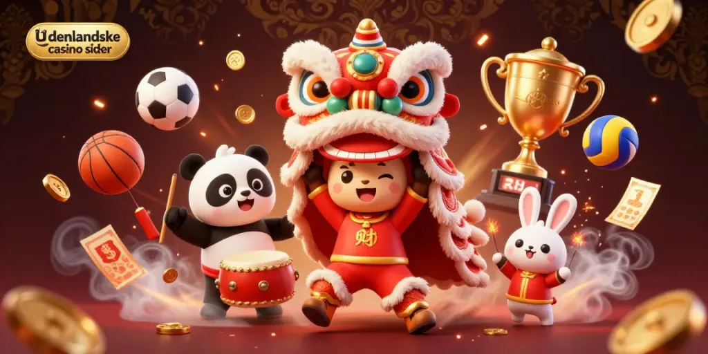 Engage with the vibrant scene of udenlandske casino sider showcasing a festive lion dance amidst dynamic sports betting elements.