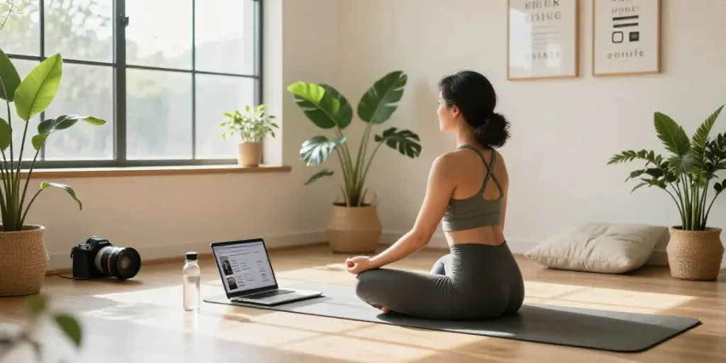 Yoga practice at home focusing on wellness with naturaforce.com products in a serene environment.