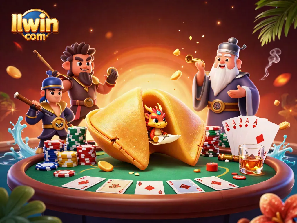 Engage with llwin com featuring a giant golden fortune cookie, dragon and poker elements for casino excitement.