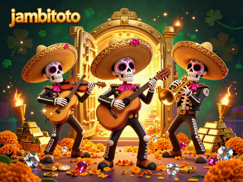 Join the festive jubilation at jambitoto with a spirited mariachi band amidst a treasure-filled casino.