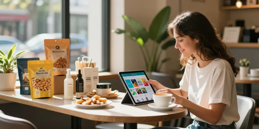 Femme explorant des produits en ligne dans un café, découvrant des Produtos brésiliens artisanaux.