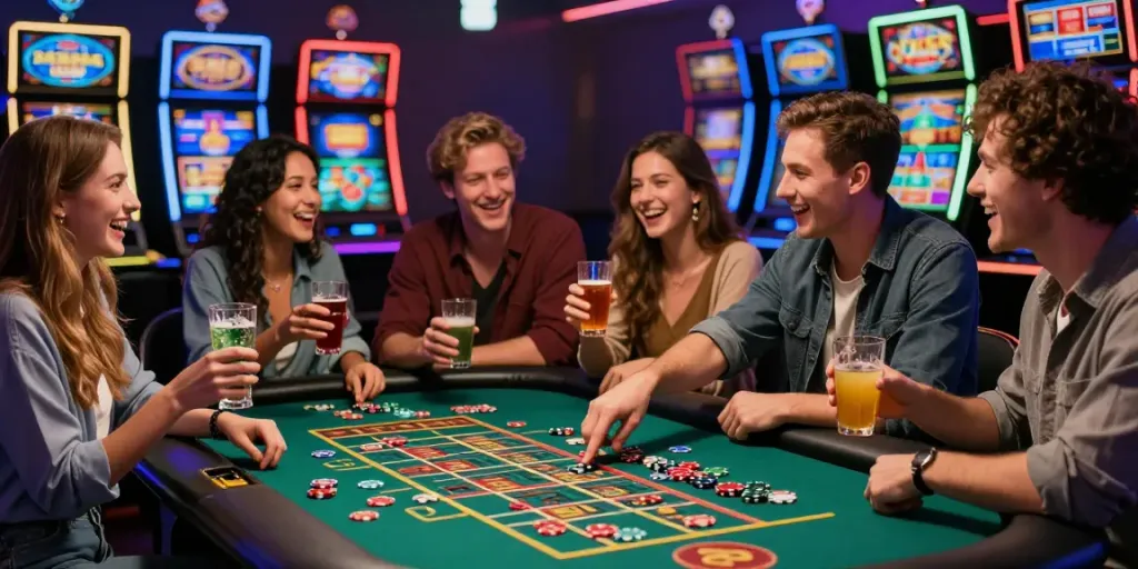 Scène de jeux de casino avec un bonus casino sans dépôt, amis autour d'une table de roulette, ambiance festive et lumineuse.