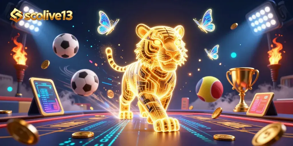 Experience thrilling betting action with socolive13's vibrant digital casino scene, featuring glowing characters and sports elements.
