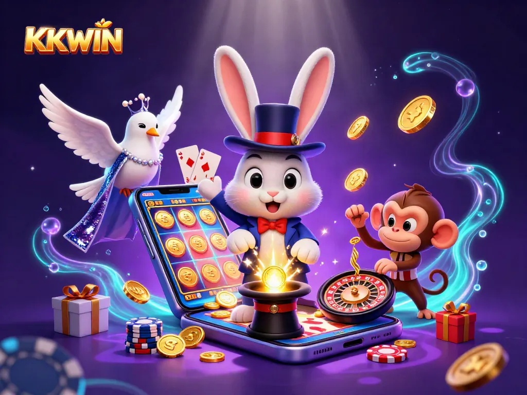 Engage with KKWIN's magical casino fun featuring a magician rabbit pulling golden coins, slot games, and poker chips.