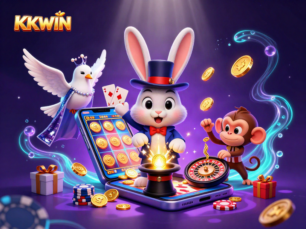 Engage with KKWIN's magical casino fun featuring a magician rabbit pulling golden coins, slot games, and poker chips.