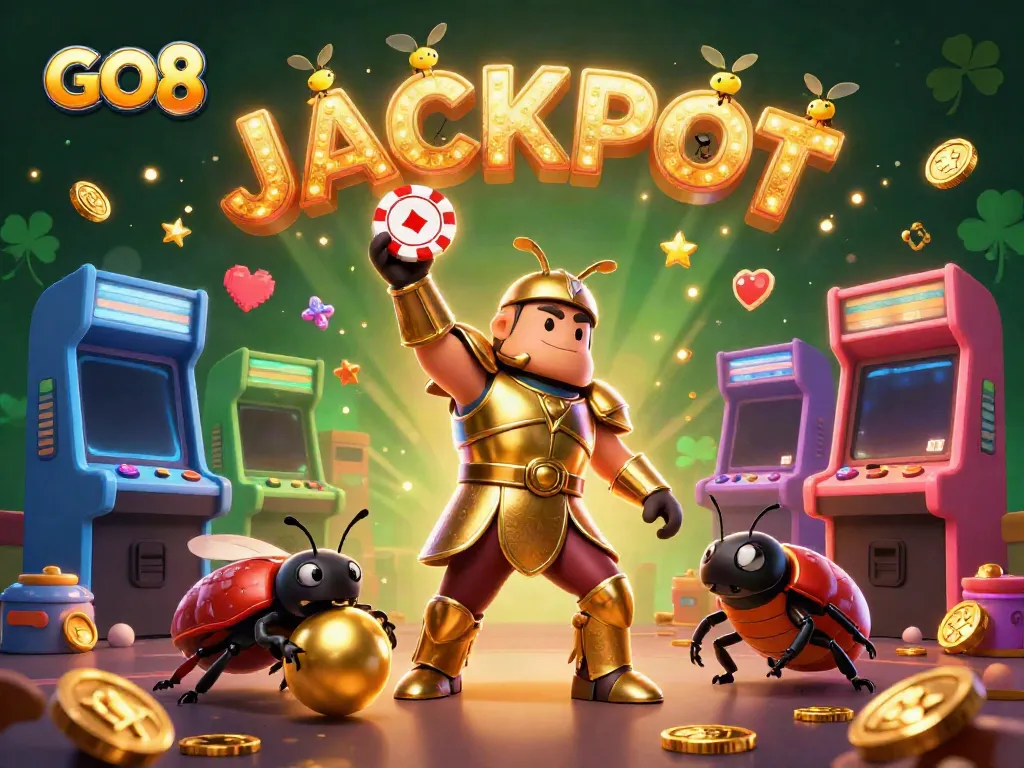 GO8 celebrates winning moments with a golden beetle lifting a poker chip in a vibrant casino scene.