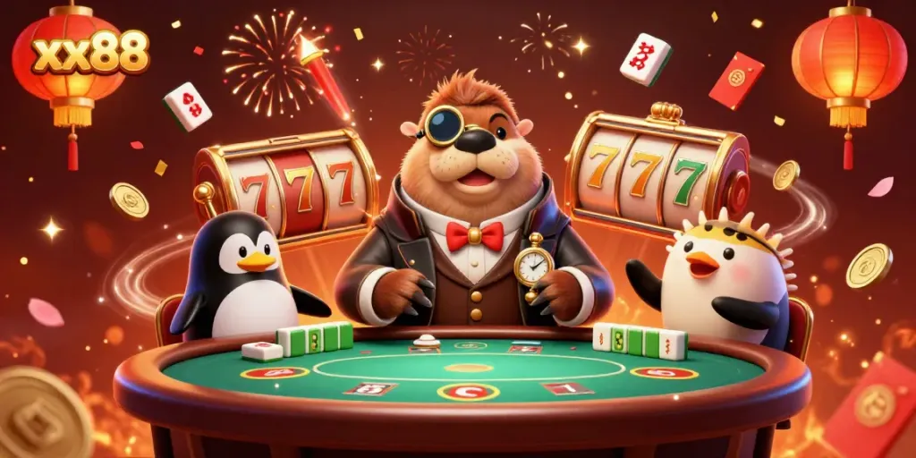 Engaging scene of the walrus and friends playing poker at xx88's casino, full of festive elements.