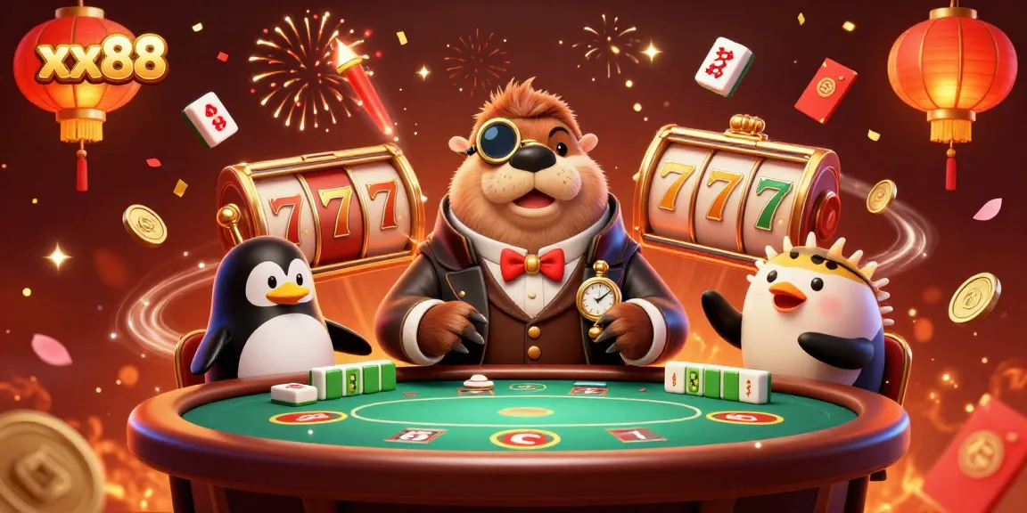 Engaging scene of the walrus and friends playing poker at xx88's casino, full of festive elements.