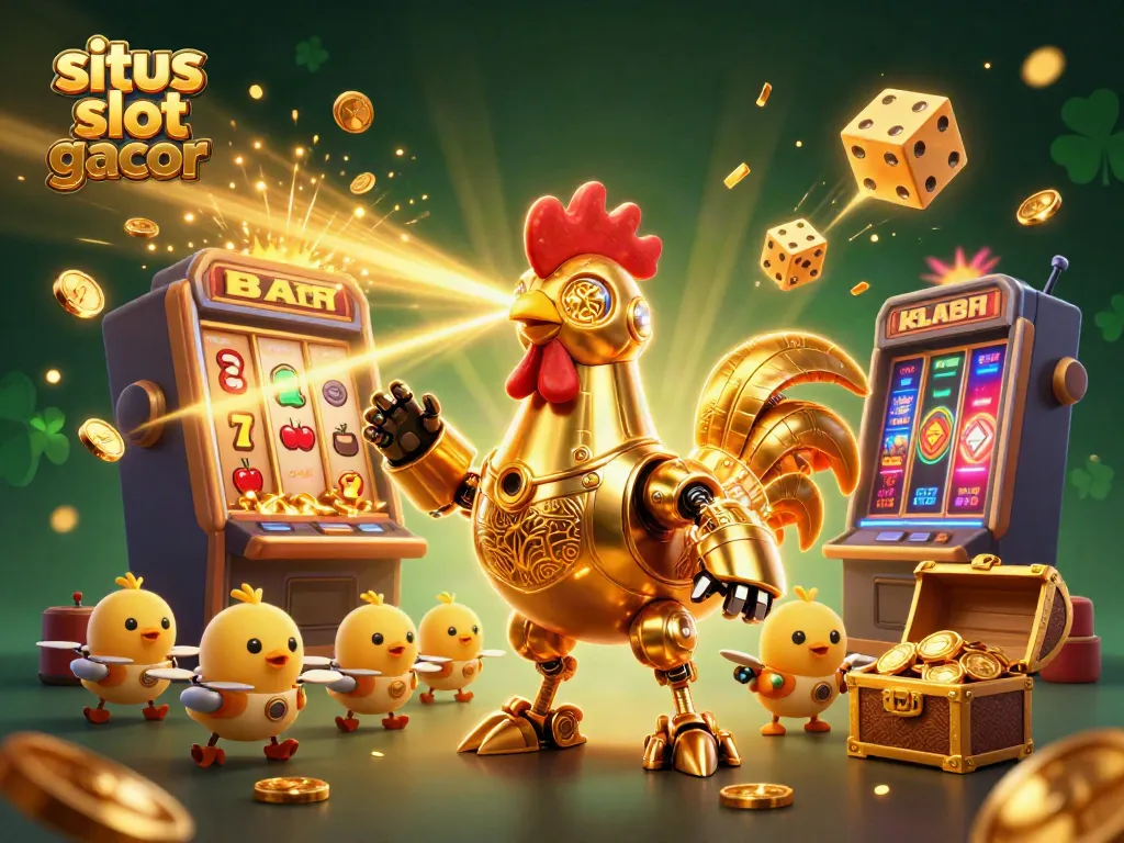 Situs slot gacor showcases a golden rooster robot amidst exploding slot machine jackpots.