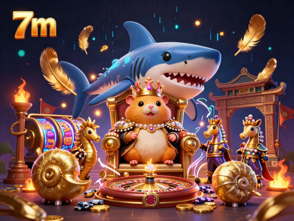 Experience 7m's fierce hamster king ruling a vibrant casino landscape with spinning slot reels.