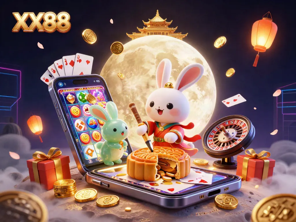 Engage with XX88 in this vibrant 3D casino scene featuring moon rabbits, slot games, and poker chips.