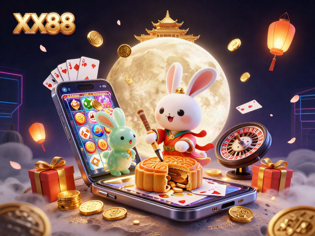 Engage with XX88 in this vibrant 3D casino scene featuring moon rabbits, slot games, and poker chips.