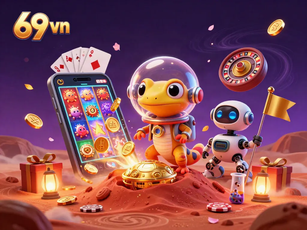 Engage with thrilling games at 69 vn casino, featuring golden coins, vibrant slots, and joyful alien bacteria.