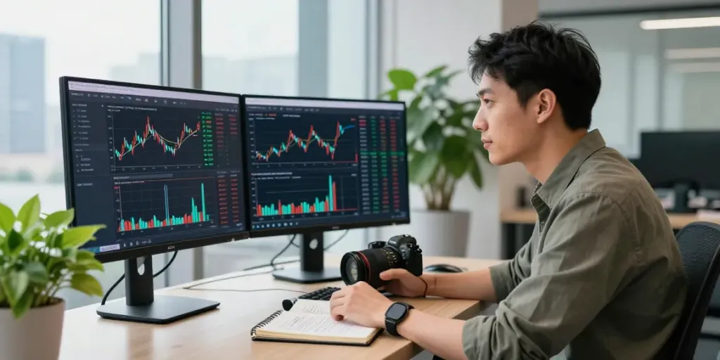 Couponeau : trader analysant des données de marché sur des écrans modernes, avec une ambiance de bureau inspirante.