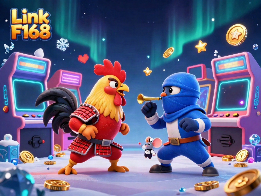 Experience the thrill of Link F168 with dynamic gaming action between rooster champions in a vibrant atmosphere.