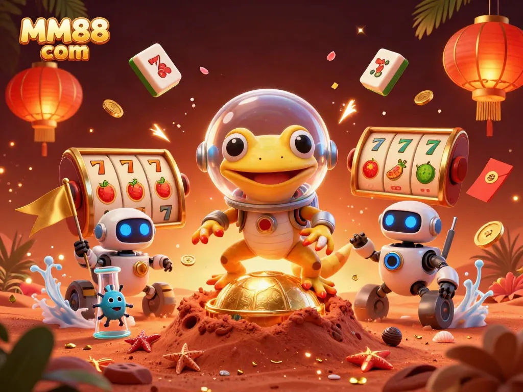 Experience thrilling wins with MM88 com at this vibrant casino-themed 3D illustration.