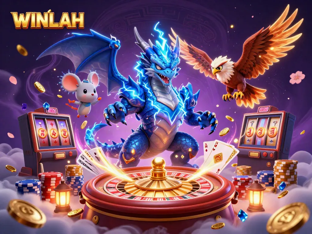 Experience the thrill of WINLAH with a powerful dragon, glowing hawk, and dynamic casino elements.