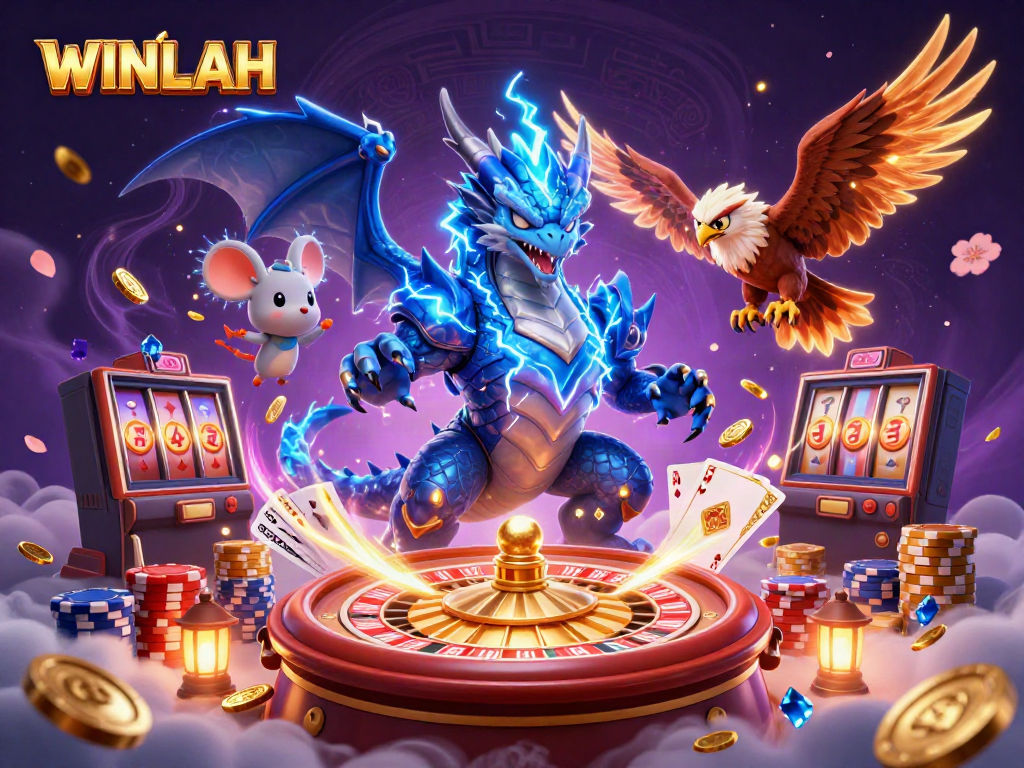 Experience the thrill of WINLAH with a powerful dragon, glowing hawk, and dynamic casino elements.
