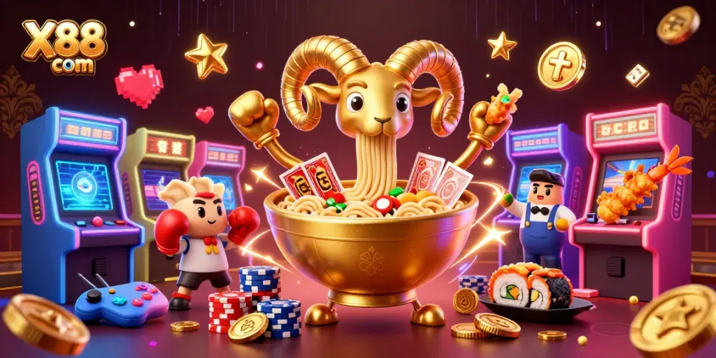 Engage in thrilling gameplay with X88 com's vibrant casino scene showcasing unique characters and game elements.