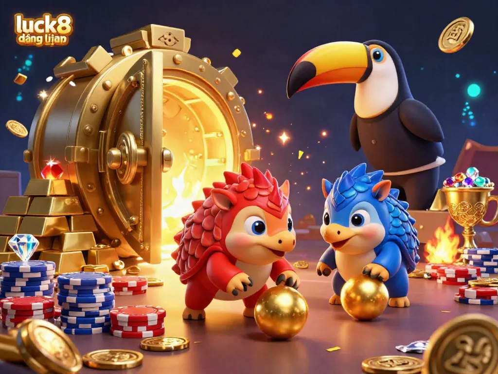 Engage with the thrilling luck8 đăng nhập experience featuring vibrant rival pangolins and a toucan referee amidst an explosion of golden prizes.