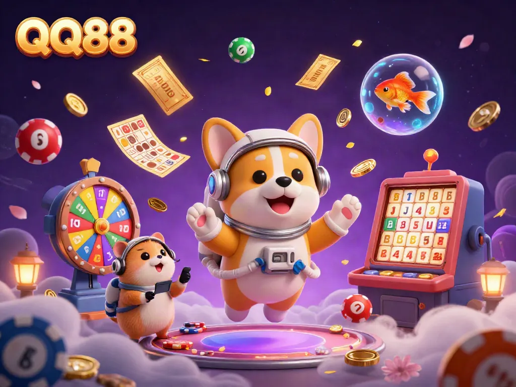 Engage with QQ88's vibrant space casino featuring floating characters and dynamic game elements.