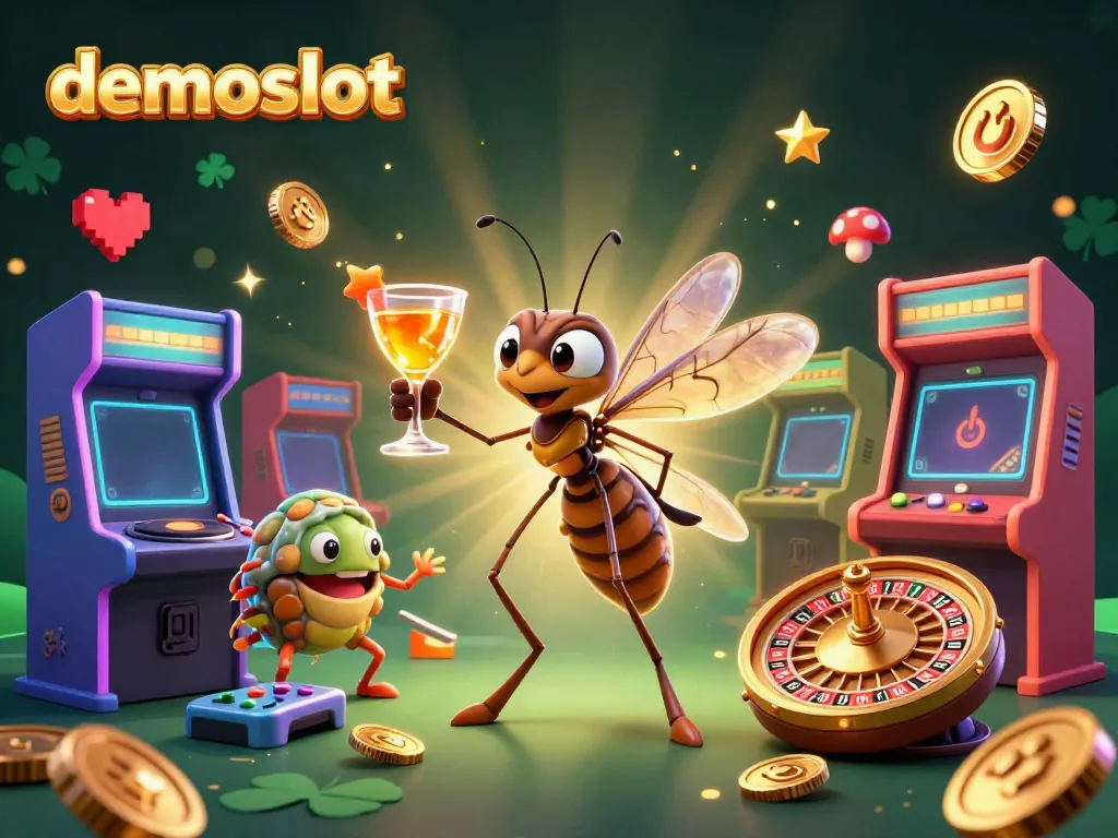 Engage with demoslot featuring a lively frozen mosquito mascot and unique gaming elements in a vibrant casino setting.