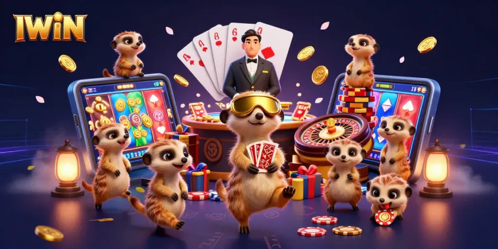 Engage in the engaging world of IWIN with meerkats managing a vibrant casino scene.