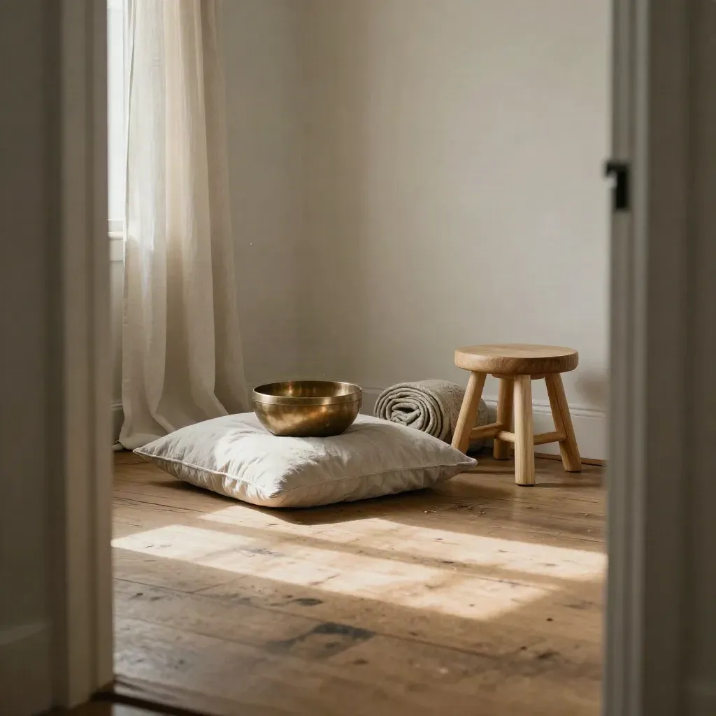 Coin de méditation préparé avec coussin en lin, bol chantant et tabouret en cèdre.