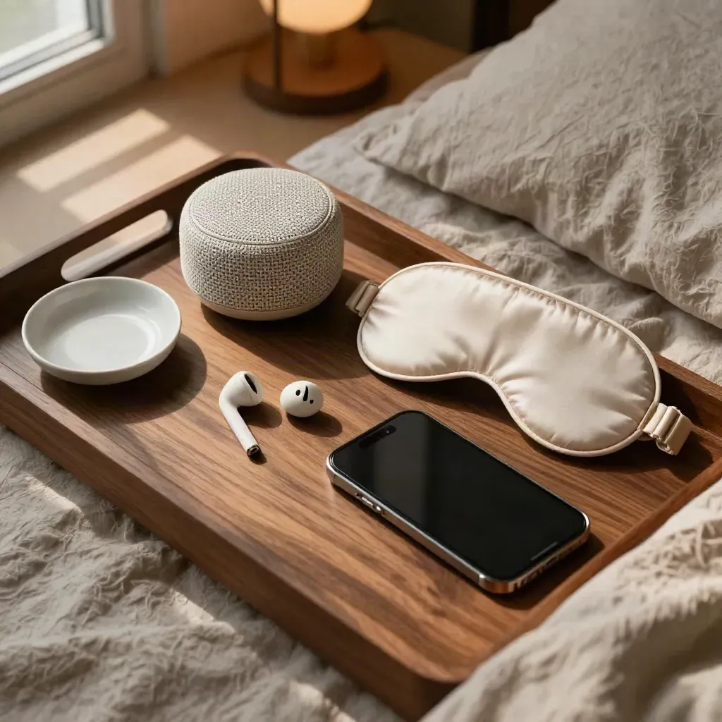 Vue du dessus d’un kit audio de chevet avec écouteurs, enceinte textile, masque de sommeil et téléphone.
