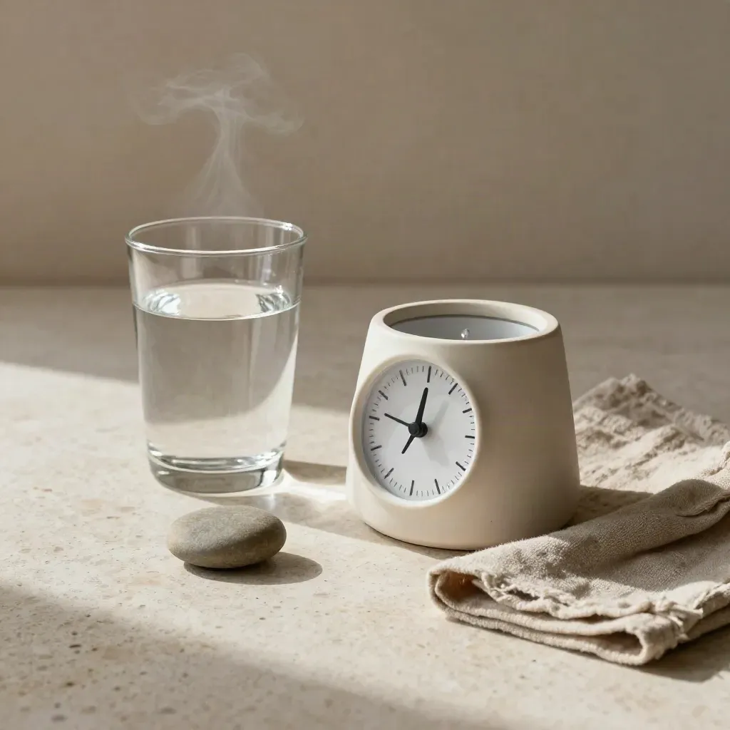 Timer en céramique, verre d’eau, tapis plié et pierre lisse dans un coin respiration.