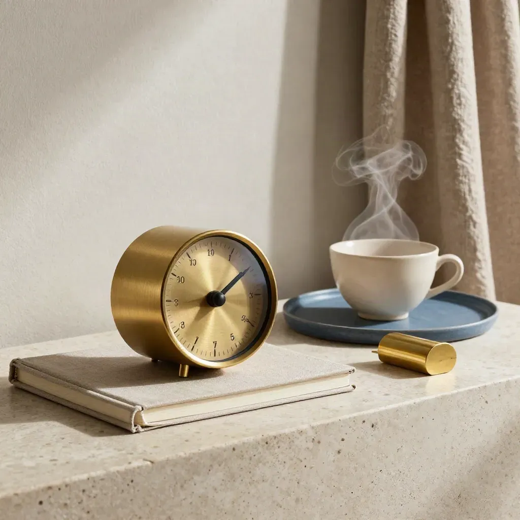 Coin bien-être zen avec minuteur, tasse de thé, carnet fermé et presse-papier sur pierre.