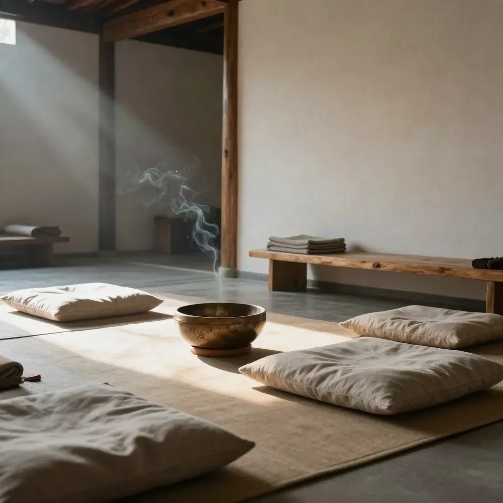 Studio de méditation après la pluie, lumière du matin sur coussins, bol chantant et tapis roulés.
