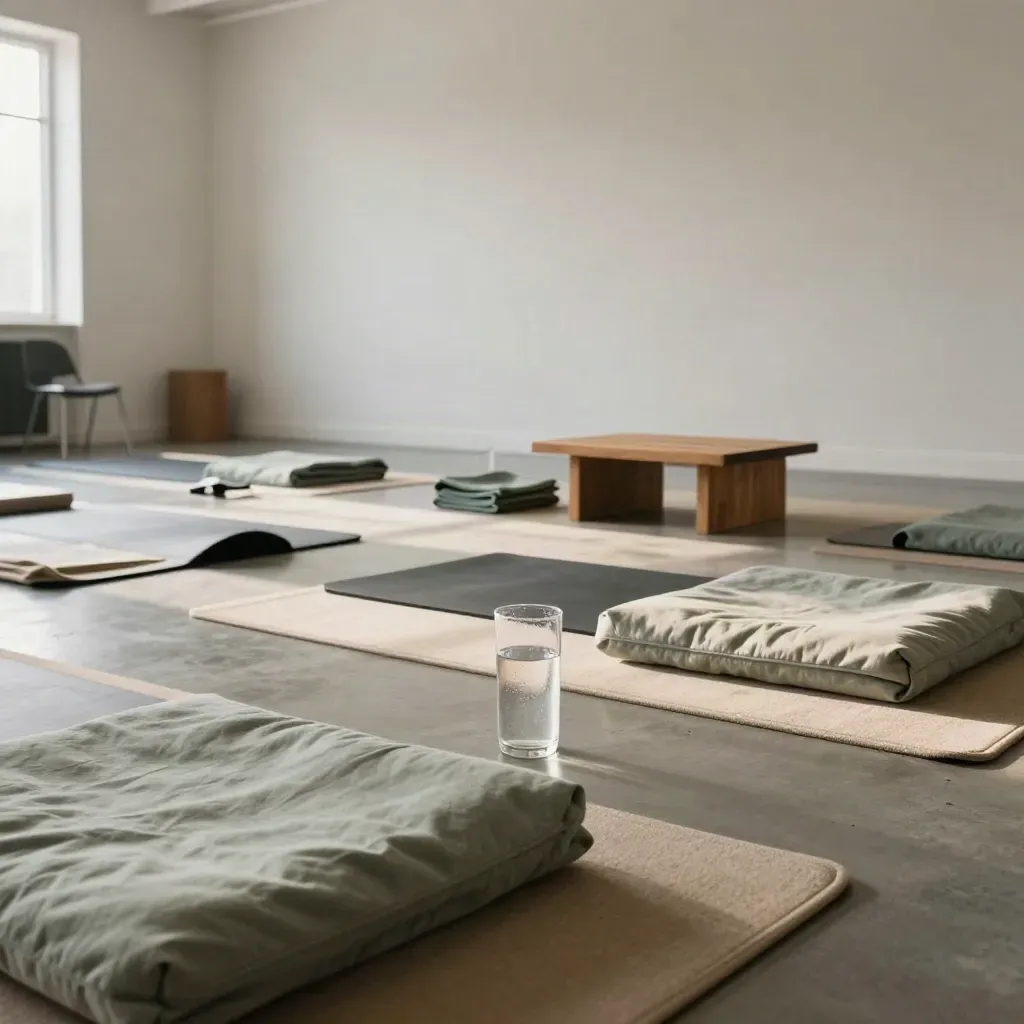 Salle de bien-être en entreprise vide, coussins au sol, tapis pliés et carafes d’eau dans une lumière douce.