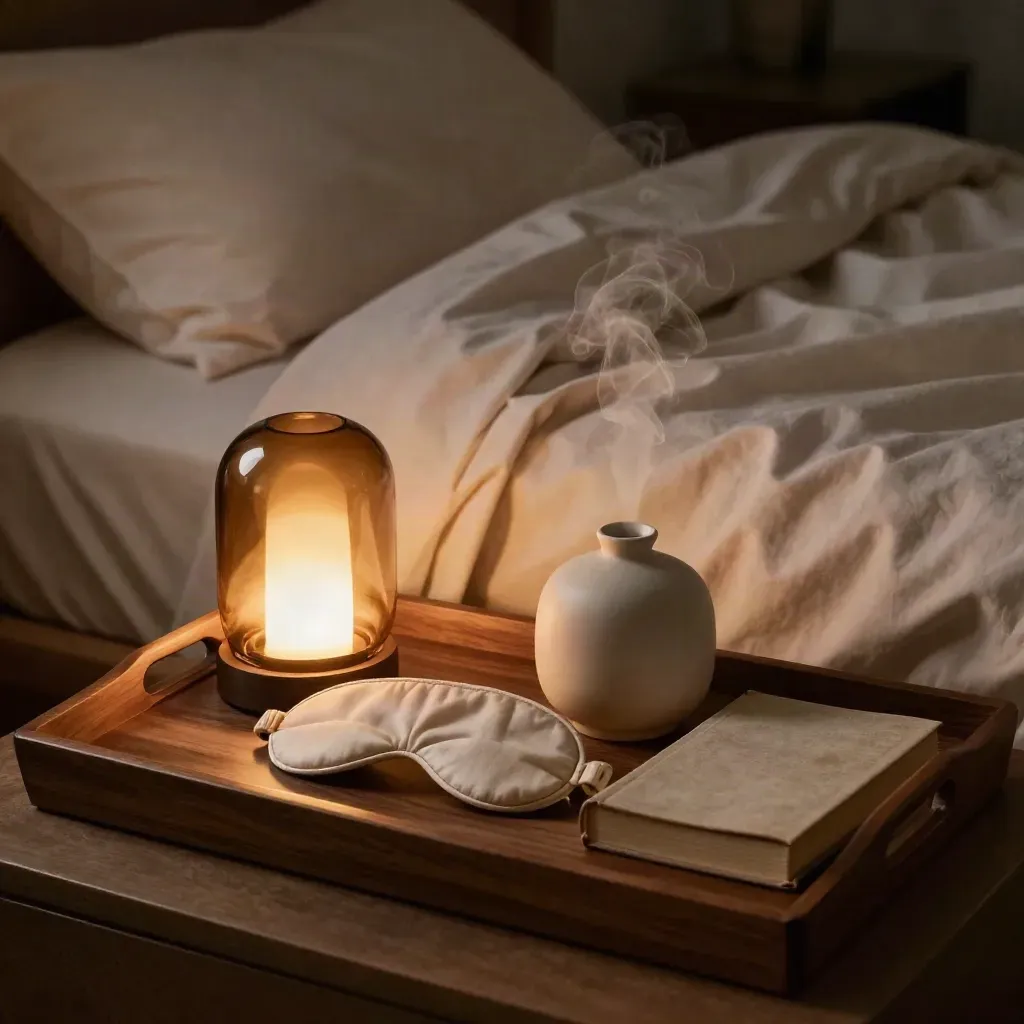 Plateau de routine sommeil avec lampe ambrée, masque de nuit, diffuseur et livre fermé au chevet.