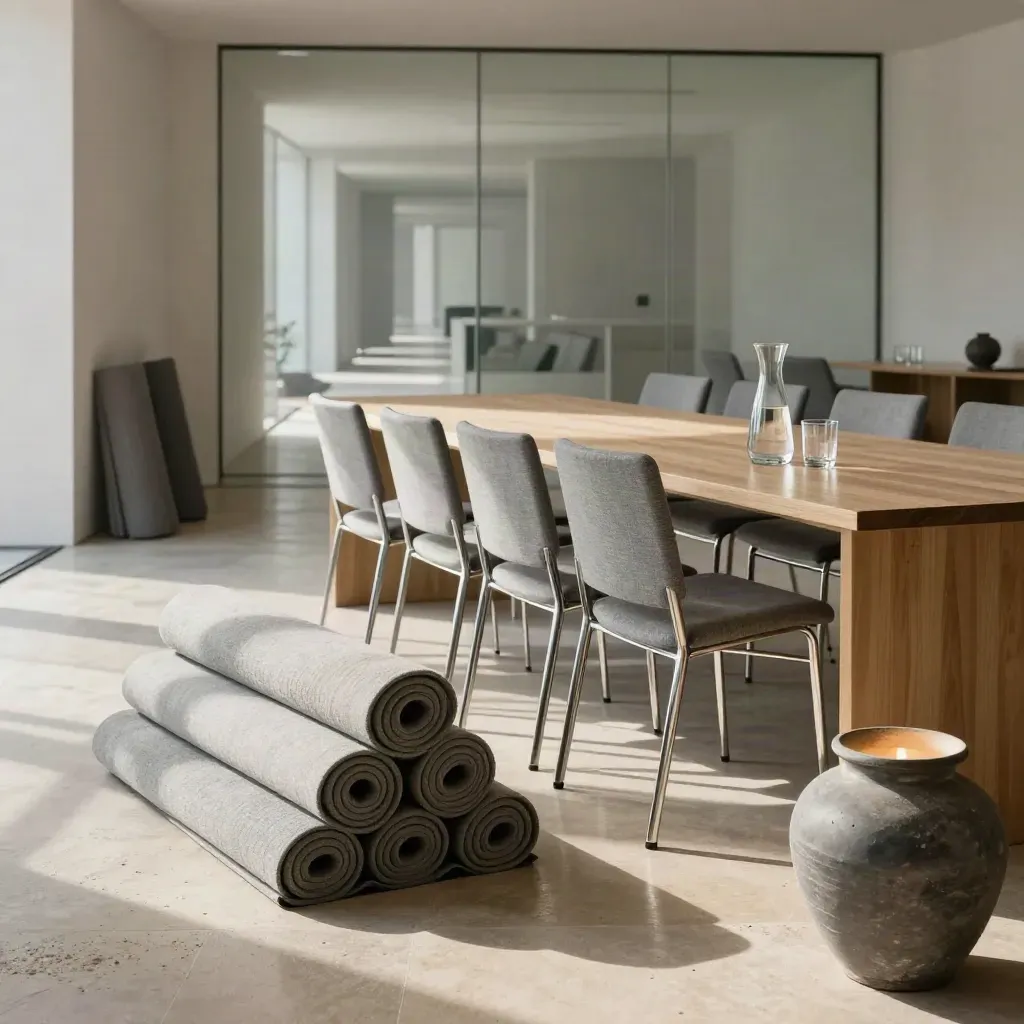 Salle de réunion réaménagée avec tapis roulés, carafe et lampe douce, prête pour lundi.