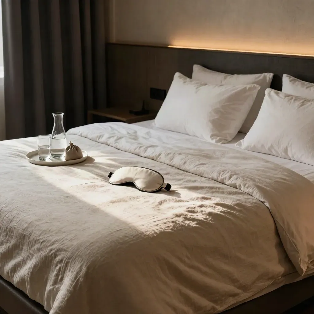 Chambre d’hôtel feutrée avec lit en lin, masque de sommeil et plateau de nuit éclairé.