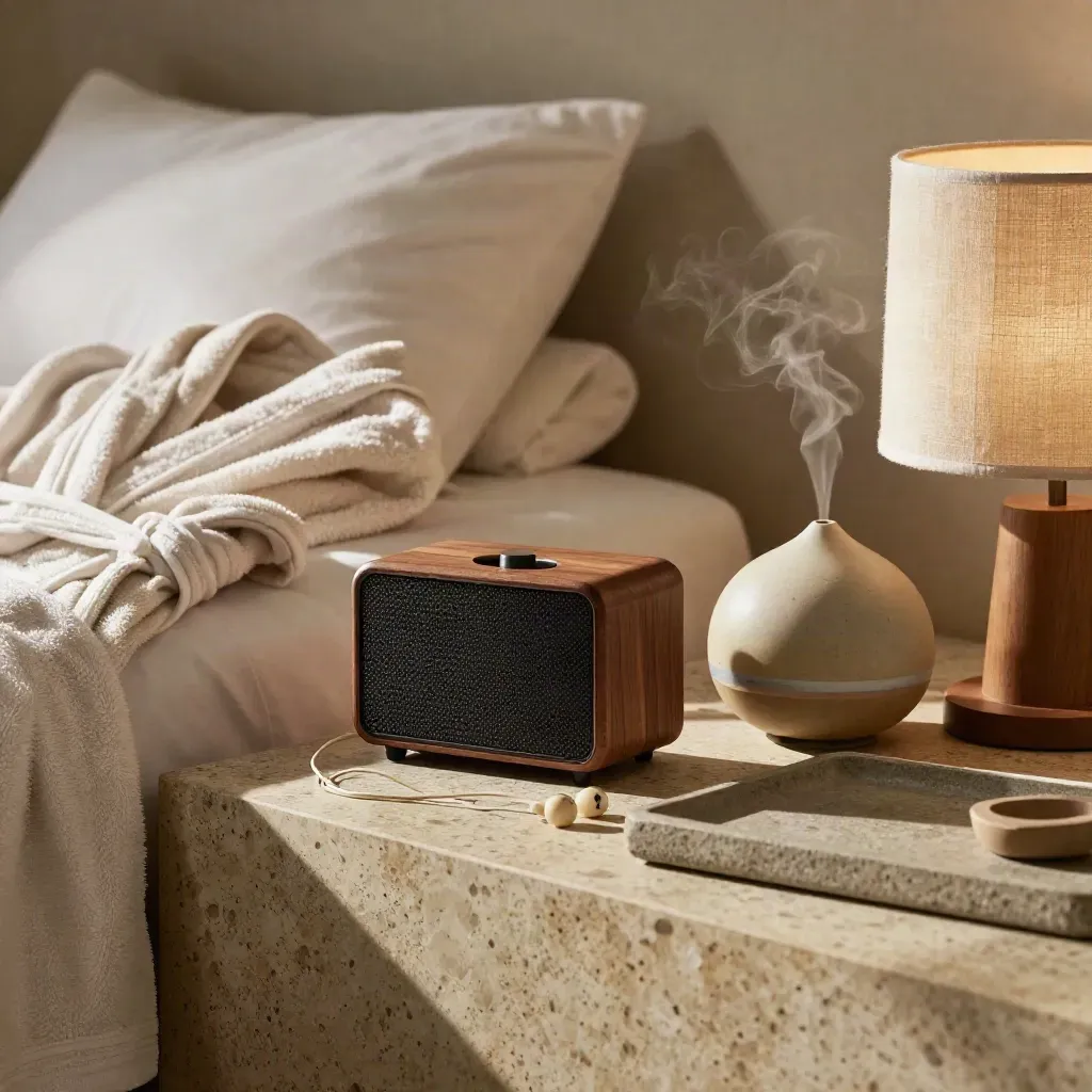 Coin de chambre de spa avec enceinte, peignoir plié, écouteurs et diffuseur en céramique.