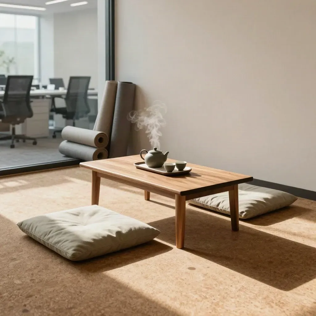 Coin détente d’entreprise avec coussins, thé fumant et tapis de relaxation empilés.