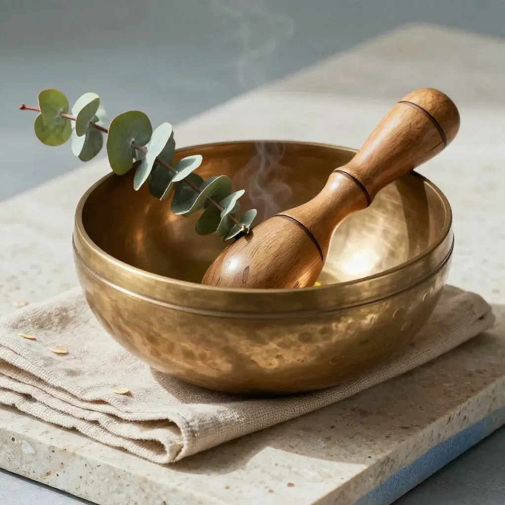 Bol chantant en laiton, baguette de respiration, eucalyptus et lin, sur travertin.