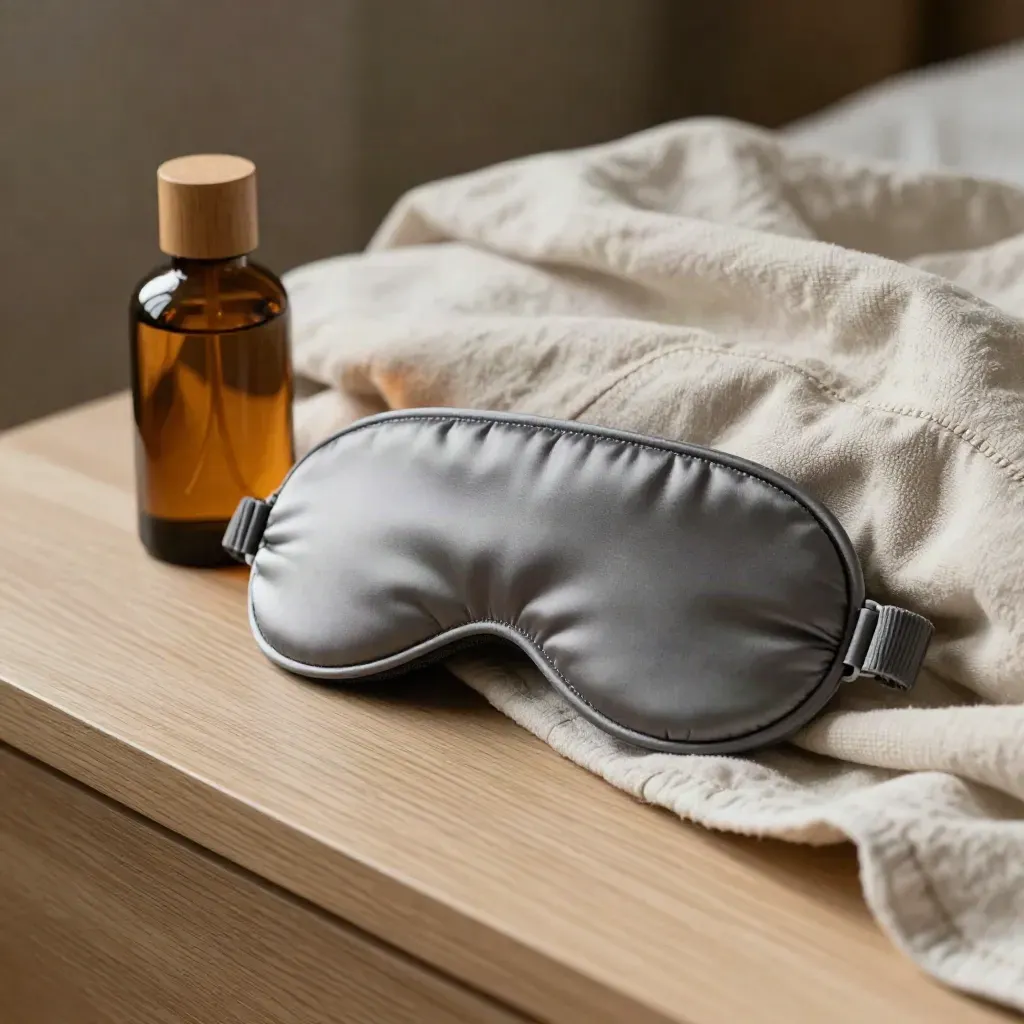 Masque de sommeil, flacon diffuseur ambré et bord de plaid lesté au chevet.