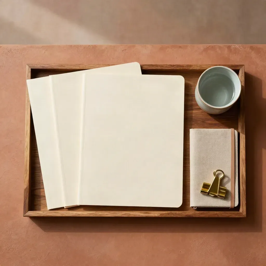 Vue en plongée d’un plateau en noyer avec dossiers crème, carnet scellé, clips en laiton et tasse sauge.