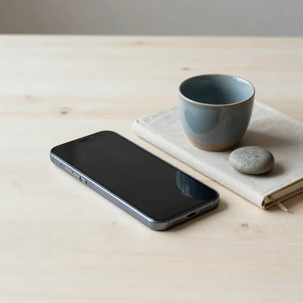 Smartphone face down, carnet en lin, tasse céramique et pierre sur bois clair.