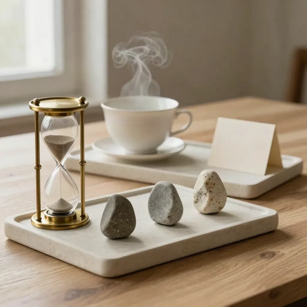 Deux plateaux décalés avec sablier, tasse et pierres, lumière douce sur pierre claire.