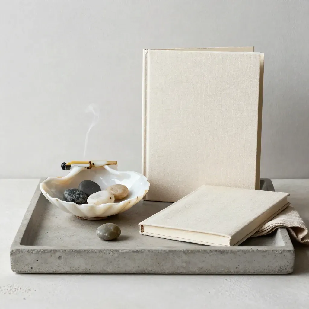 Bol en coquille, trois pierres, carnet fermé, bougie courte et voile de fumée sur plateau de pierre.