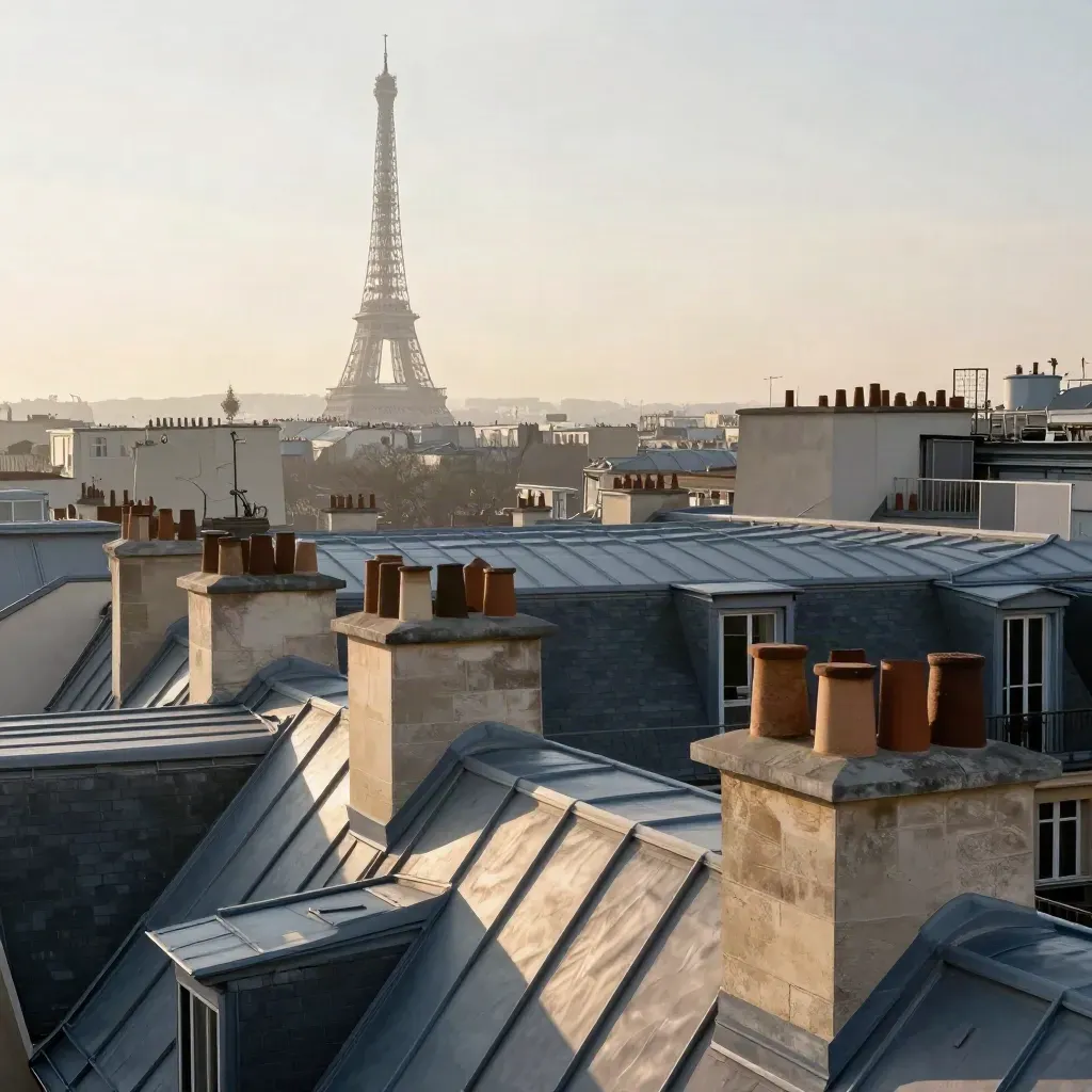 Toits de Paris au lever du soleil, Tour Eiffel lointaine dans la brume dorée.