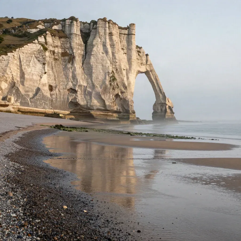 Falaises d’Étretat baignées de brume au-dessus d’une plage humide et calme