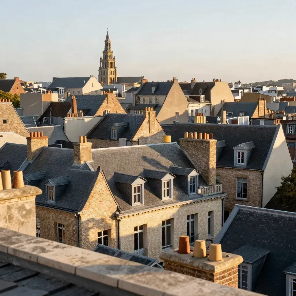 Toits de Lille au soleil couchant, beffroi lointain et façades de brique pâle.